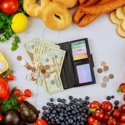 Healthy food and money on a table.