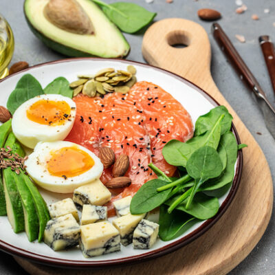 Standard keto diet of salmon, avocado, cheese, egg, spinach and nuts.