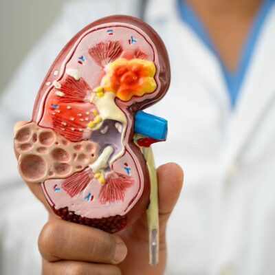 Doctor holding human model of a kidney.